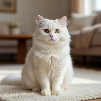 Biscuit, a white fluffy cat with one ear slightly folded