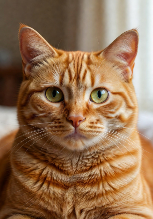 Close-up of a ginger cat looking warmly at the camera in soft natural light