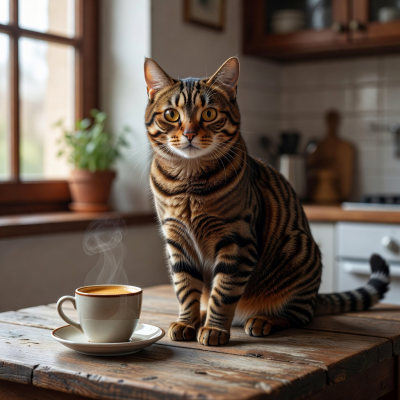 Espresso, a sleek brown tabby cat gazing curiously at the camera