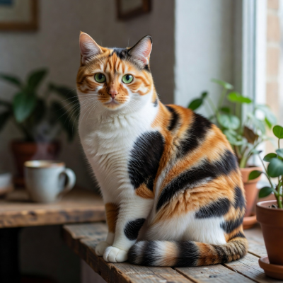 Latte, a calico cat with orange and black patches curled up contentedly