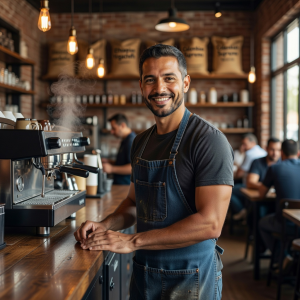 Marcus Rivera, head barista, with a friendly expression