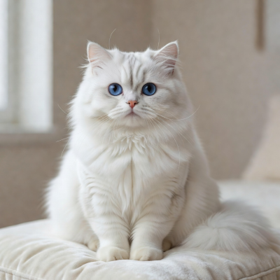 Mochi, a fluffy white cat with bright blue eyes sitting on a cushion