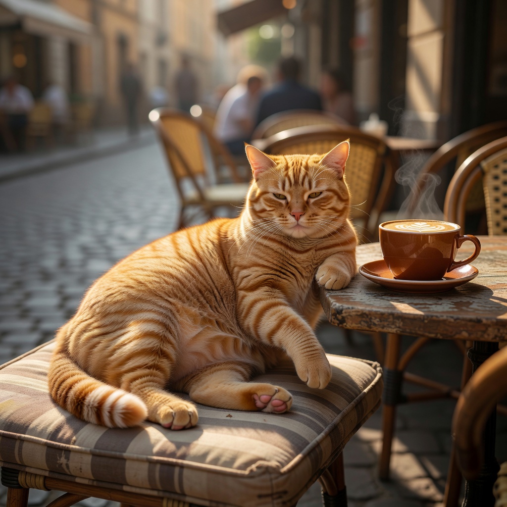Orange tabby cat lounging on a sunlit café cushion next to a latte