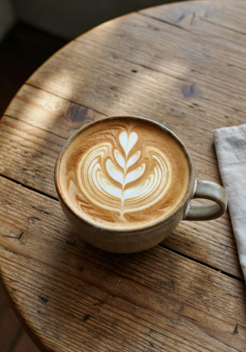 Overhead view of a beautifully crafted latte with leaf art on a rustic wooden café table