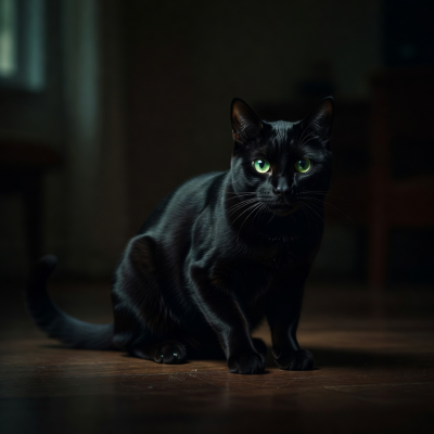 Shadow, a sleek black cat with bright green eyes